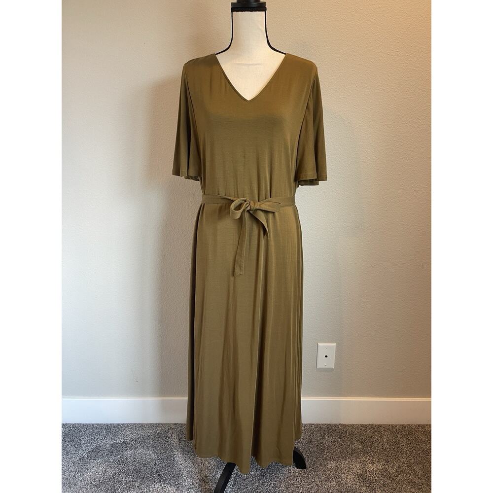 Garnet Hill Flutter-Sleeve Knit Midi Dress Belt Olive Size Large
